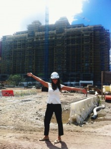 Jenna in her fashionable hard hat, part of the required daily attire during hotel construction.