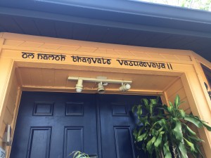 Om namo bhagavate vasudeva read the mantra above the door at AyurBeauty Wellness Center in Orlando.